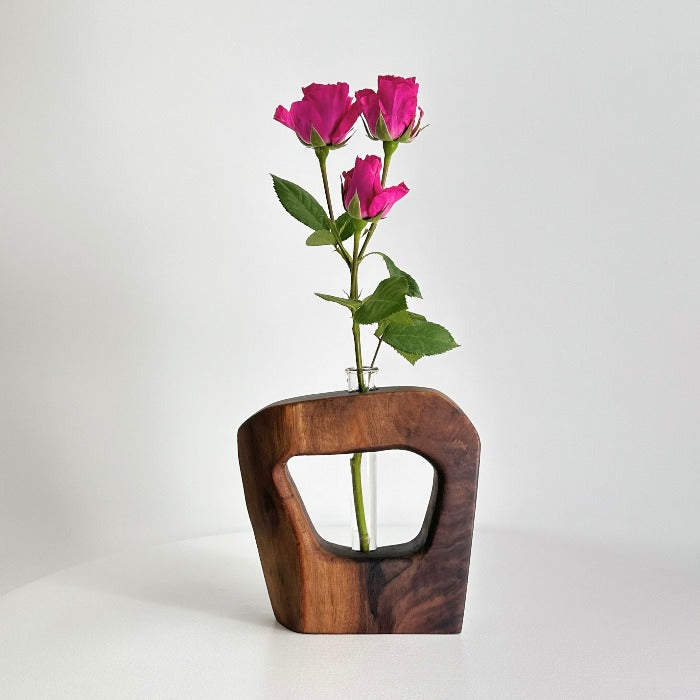 PRIMITIVE MODERN WALNUT SCULPTURE AND TEST TUBE VASE