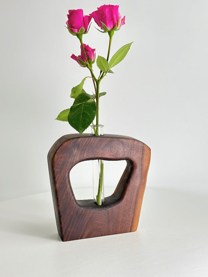 PRIMITIVE MODERN WALNUT SCULPTURE AND TEST TUBE VASE