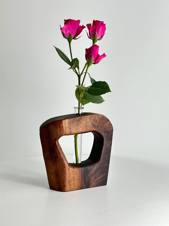 PRIMITIVE MODERN WALNUT SCULPTURE AND TEST TUBE VASE