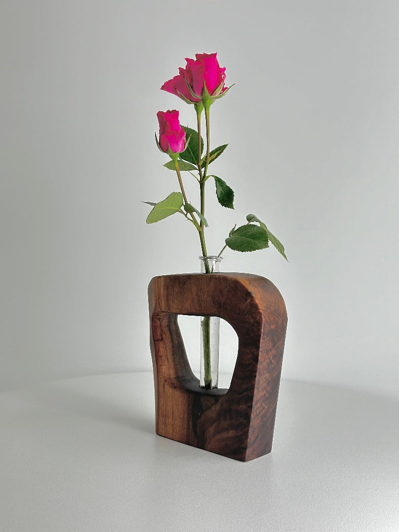 PRIMITIVE MODERN WALNUT SCULPTURE AND TEST TUBE VASE