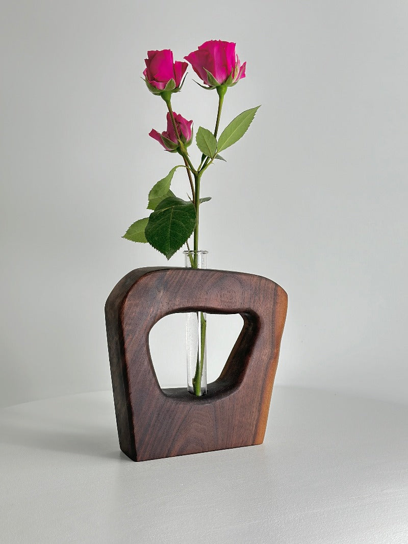 PRIMITIVE MODERN WALNUT SCULPTURE AND TEST TUBE VASE