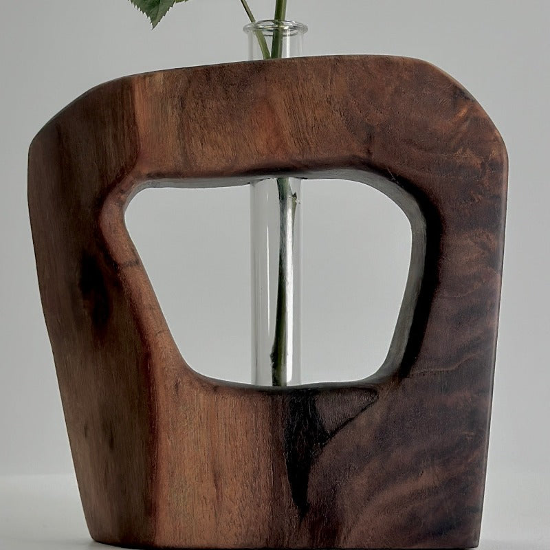 PRIMITIVE MODERN WALNUT SCULPTURE AND TEST TUBE VASE